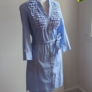 TRULLI BUTTON by ANN TAYLOR FRONT RUFFLE BELTED SHIRT DRESS, SKY BLUE/WHT, SZ‎ 2